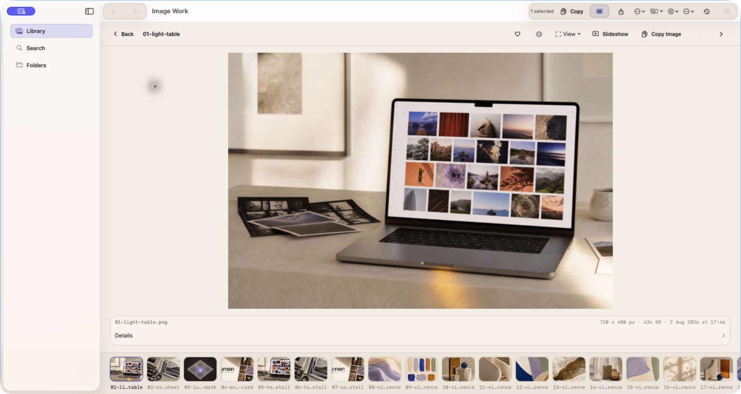 Actual Lumen Focus view showing curation actions, metadata, and a filmstrip