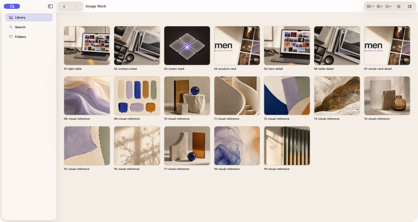 Actual Lumen image wall showing a folder of product images and visual references